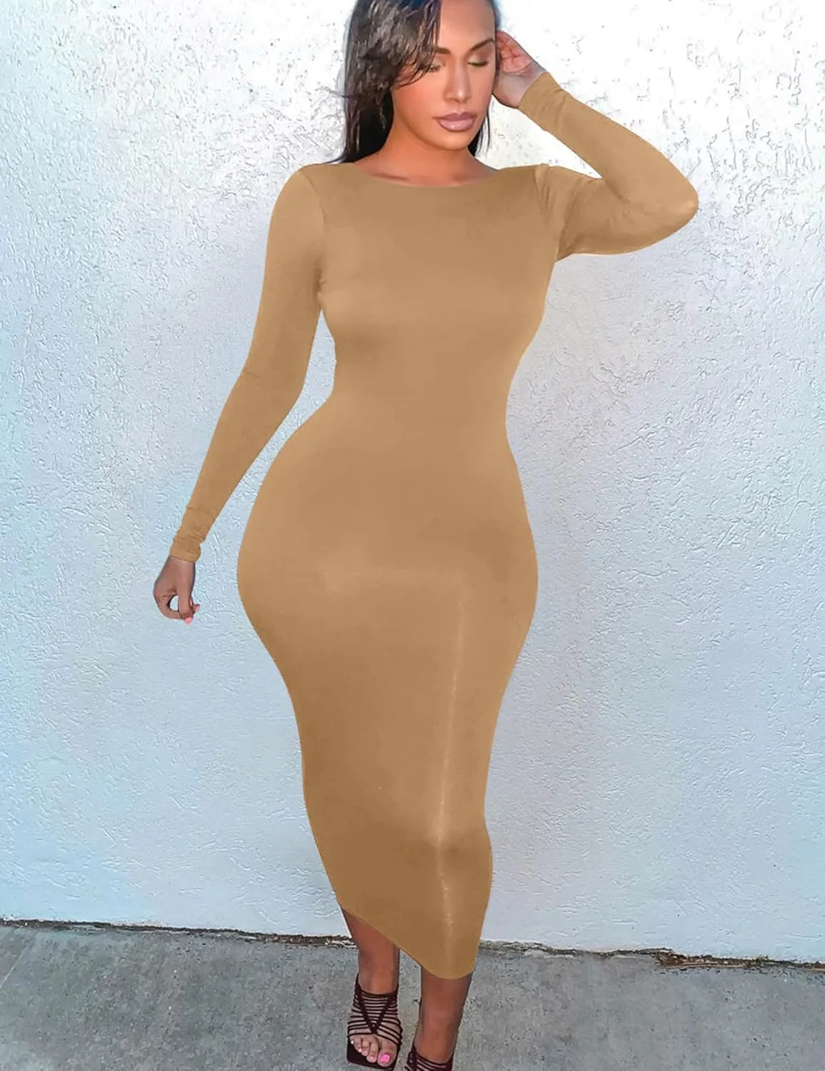Mokoru Women's Casual Bodycon Long Sleeve Sexy Tight Club Party Midi Pencil Dresses