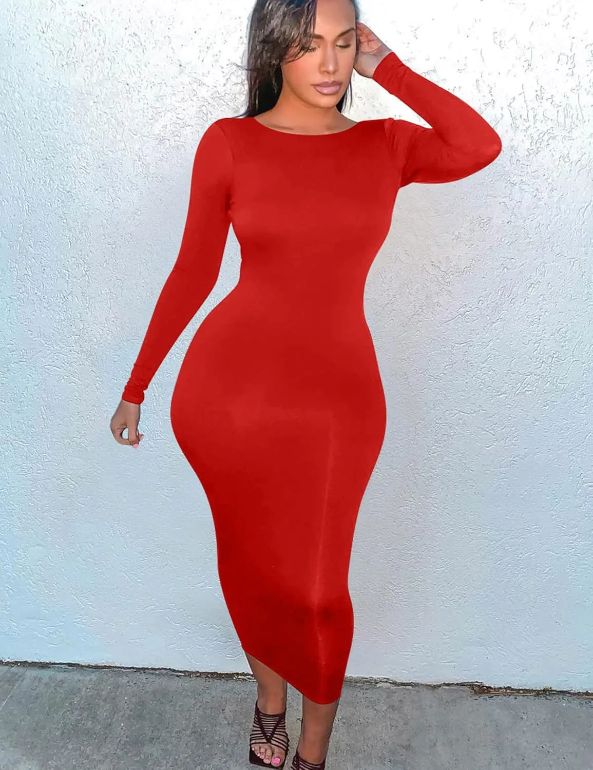 Mokoru Women's Casual Bodycon Long Sleeve Sexy Tight Club Party Midi Pencil Dresses