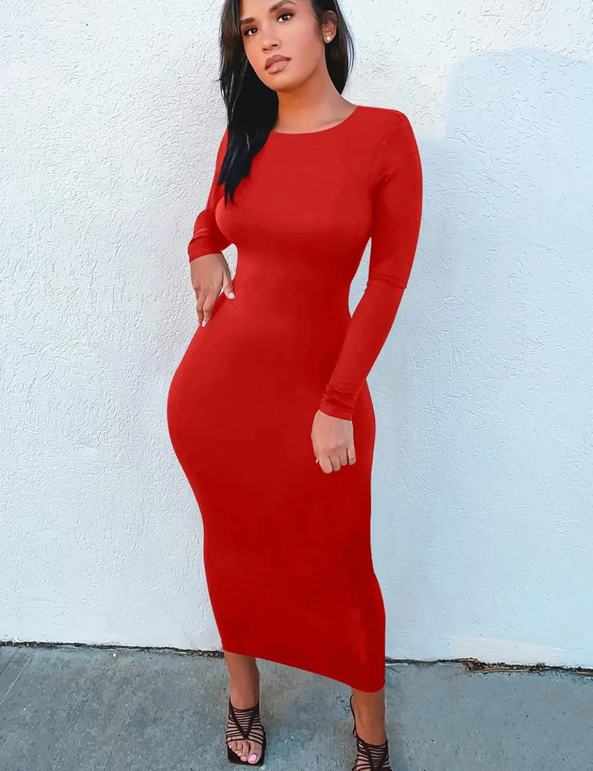 Mokoru Women's Casual Bodycon Long Sleeve Sexy Tight Club Party Midi Pencil Dresses