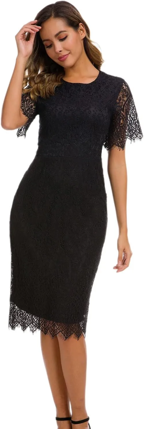 MSLG Women's Elegant Floral Lace Round Neck Short Sleeves Cocktail Party Bodycon Knee Length Dress 931