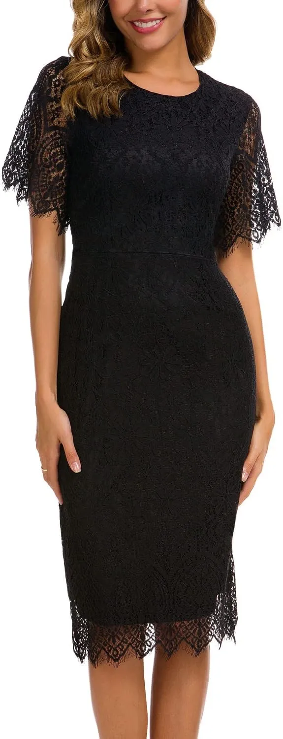 MSLG Women's Elegant Floral Lace Round Neck Short Sleeves Cocktail Party Bodycon Knee Length Dress 931