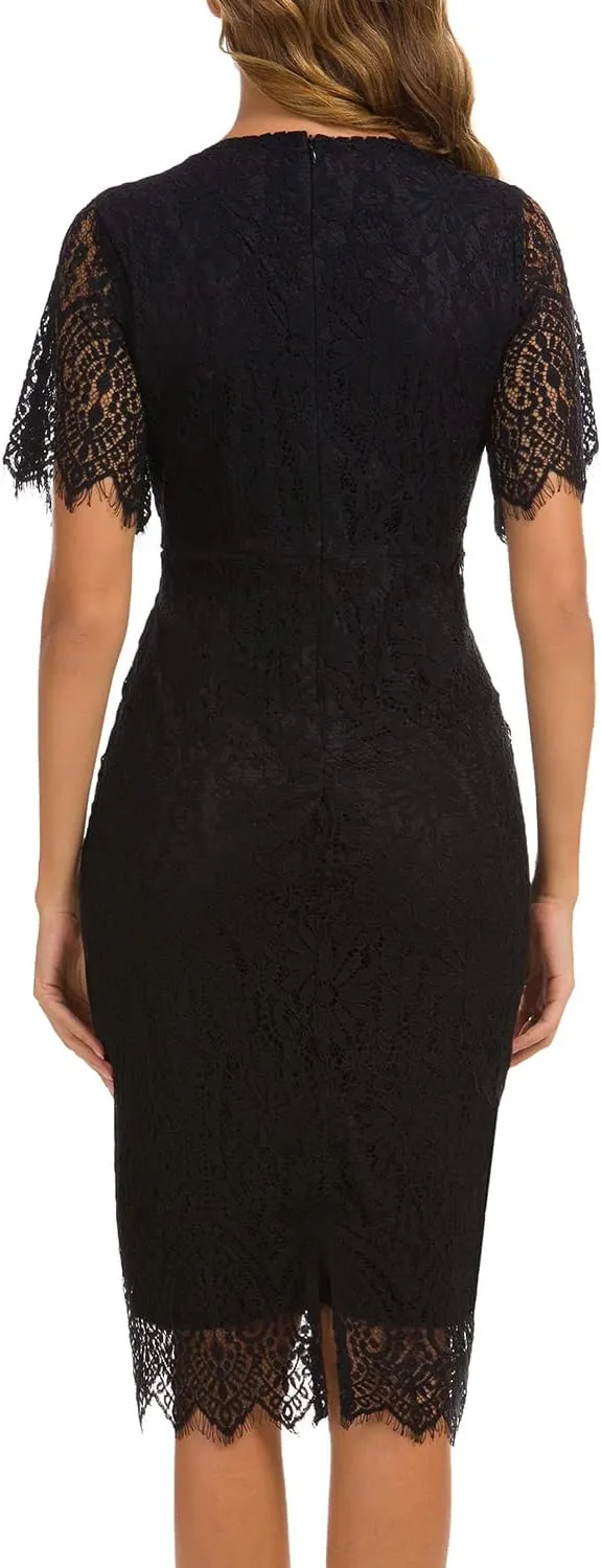 MSLG Women's Elegant Floral Lace Round Neck Short Sleeves Cocktail Party Bodycon Knee Length Dress 931