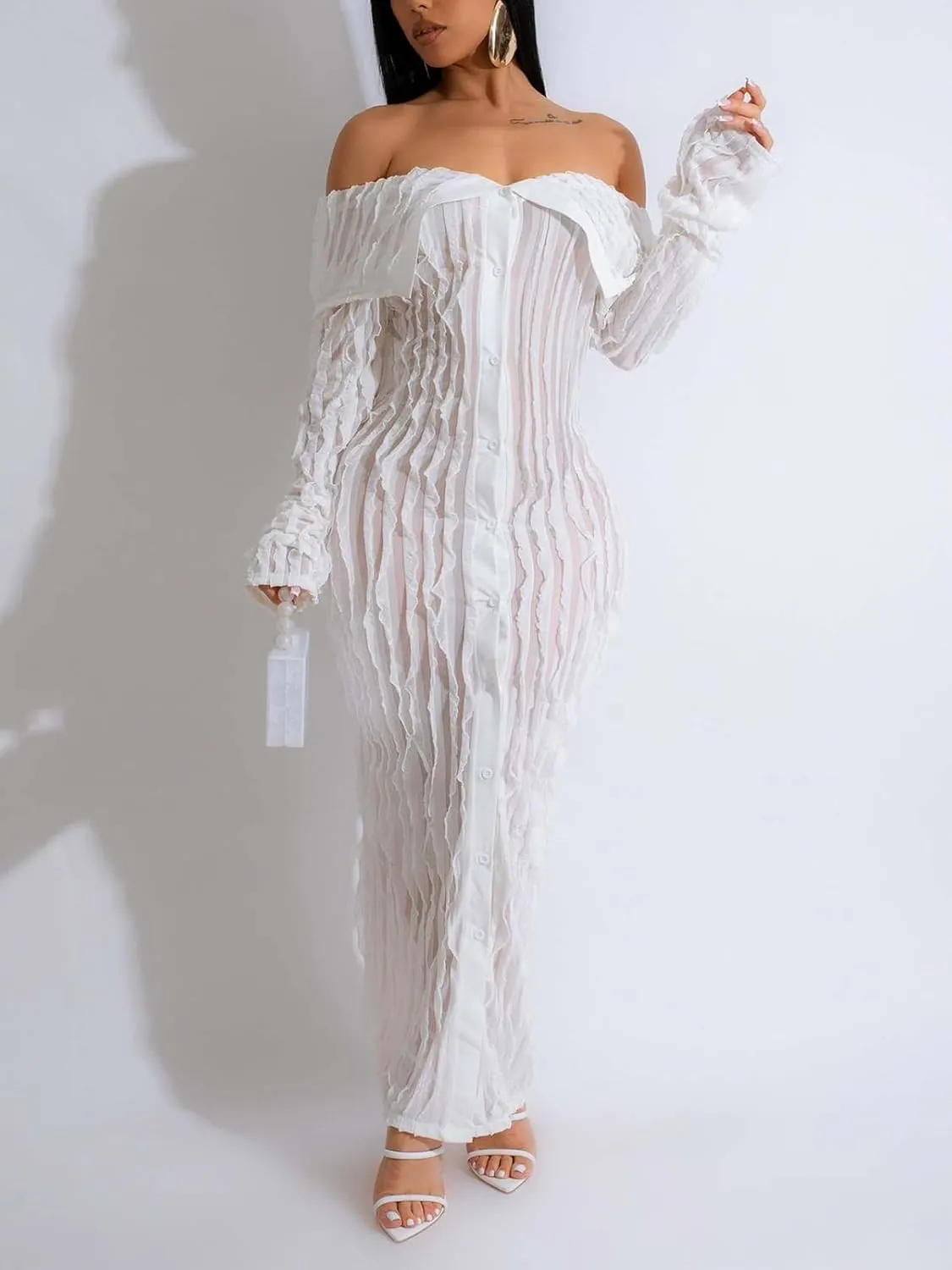Sexy Button Down Dresses for Women Date Night Off Shoulder See Through Mesh Ruffle Bodycon Maxi Dress