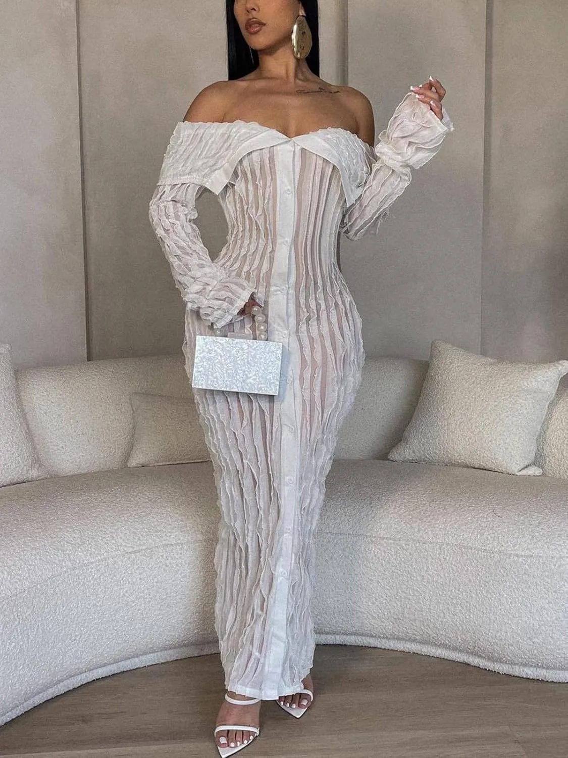 Sexy Button Down Dresses for Women Date Night Off Shoulder See Through Mesh Ruffle Bodycon Maxi Dress