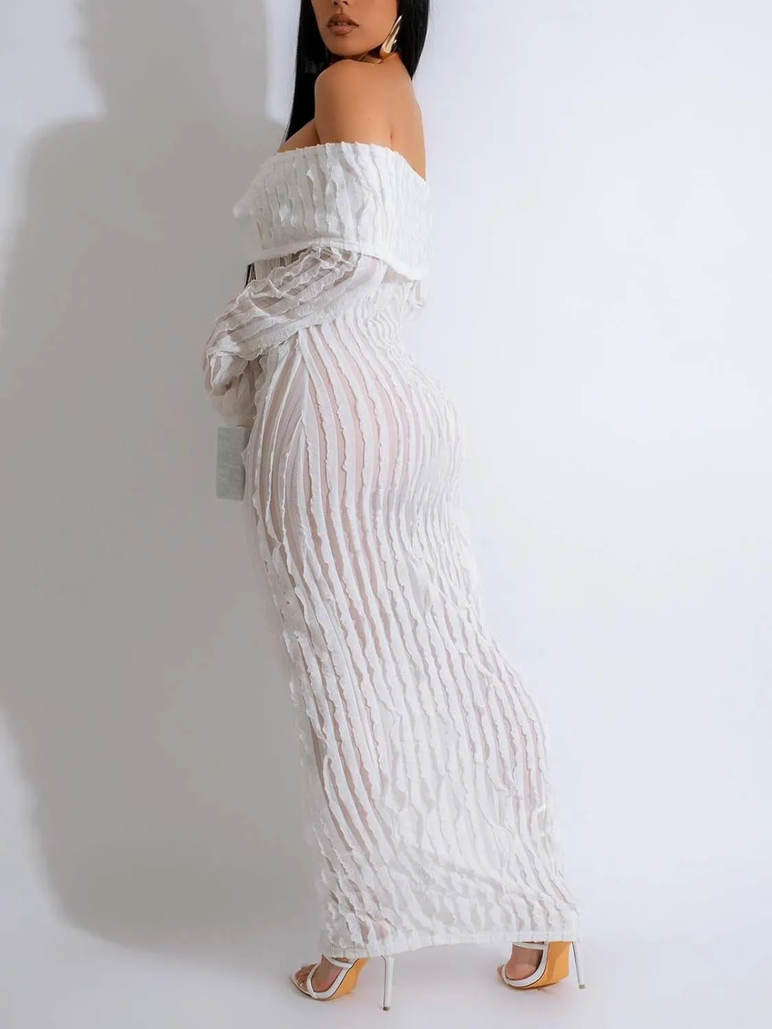 Sexy Button Down Dresses for Women Date Night Off Shoulder See Through Mesh Ruffle Bodycon Maxi Dress