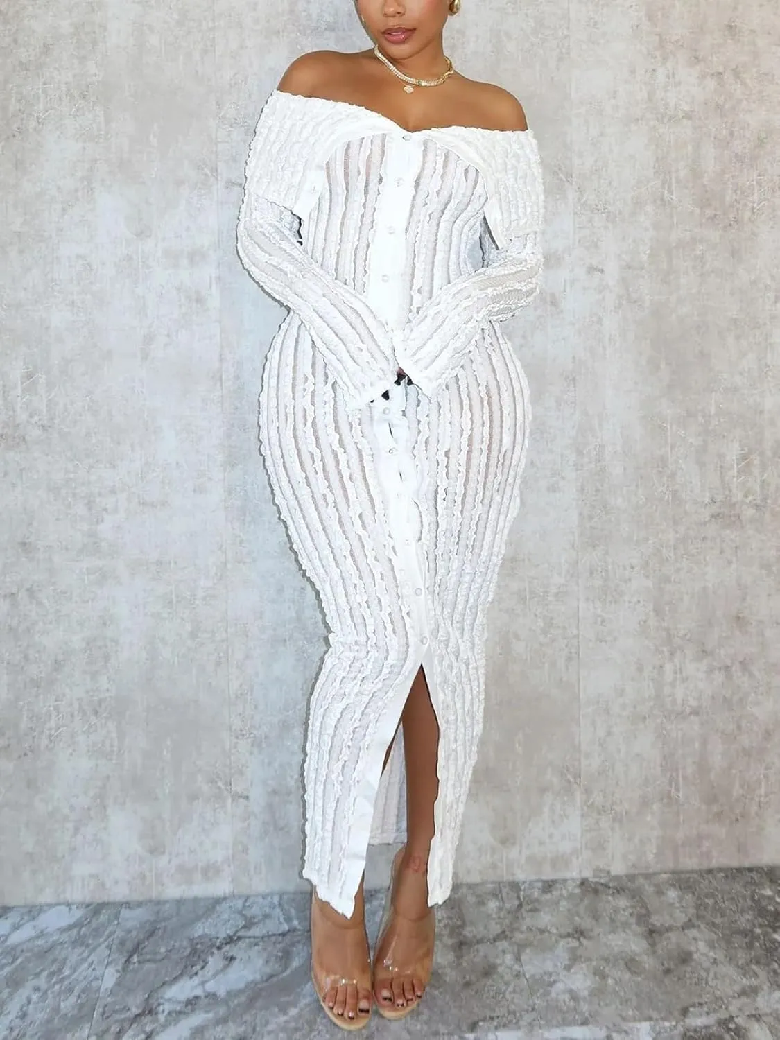 Sexy Button Down Dresses for Women Date Night Off Shoulder See Through Mesh Ruffle Bodycon Maxi Dress