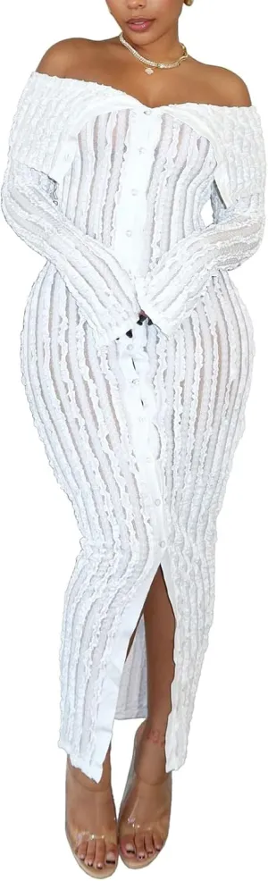 Sexy Button Down Dresses for Women Date Night Off Shoulder See Through Mesh Ruffle Bodycon Maxi Dress