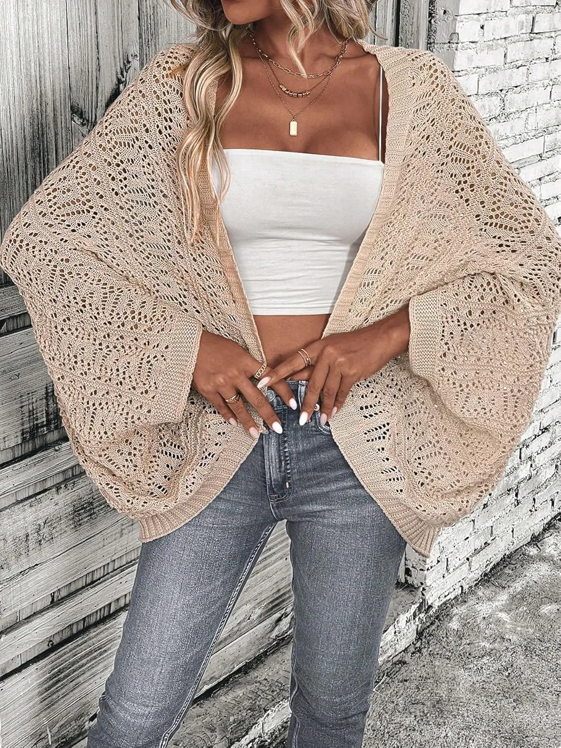 SHENHE Women's Open Front Loose Hollow Out Casual Dolman Sleeve Asymmetrical Cardigan