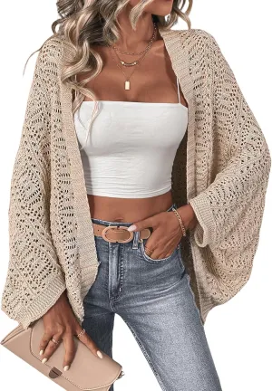 SHENHE Women's Open Front Loose Hollow Out Casual Dolman Sleeve Asymmetrical Cardigan