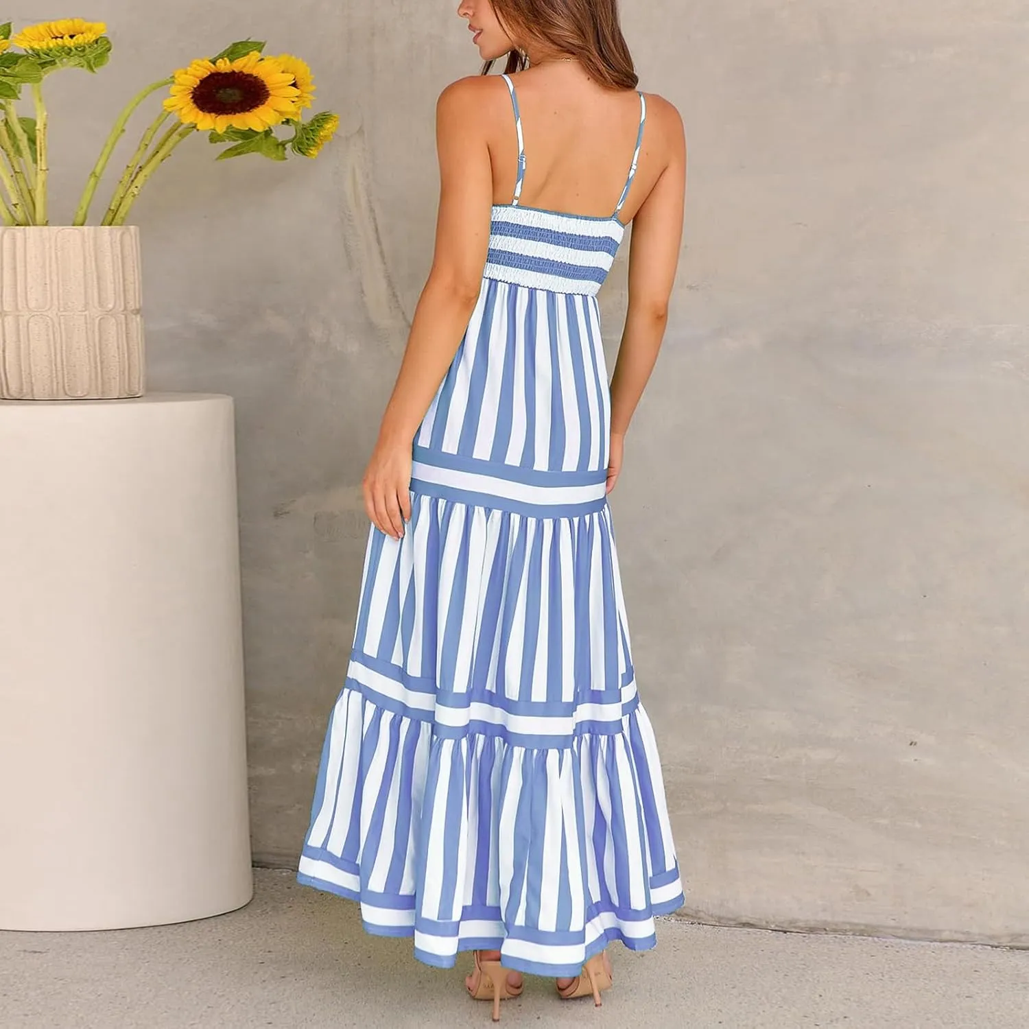 Women Spaghetti Strap Tiered Flowy Midi Dress Striped Sleeveless Square Neck Beach Vacation Long Sundress