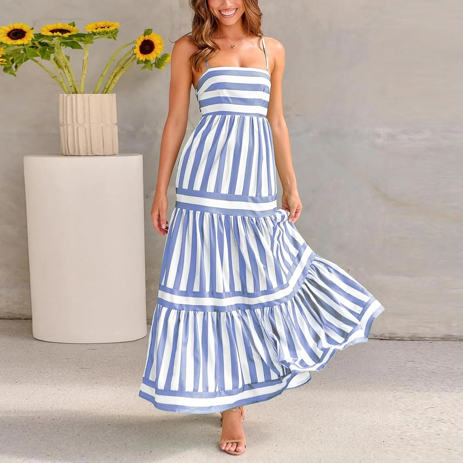 Women Spaghetti Strap Tiered Flowy Midi Dress Striped Sleeveless Square Neck Beach Vacation Long Sundress