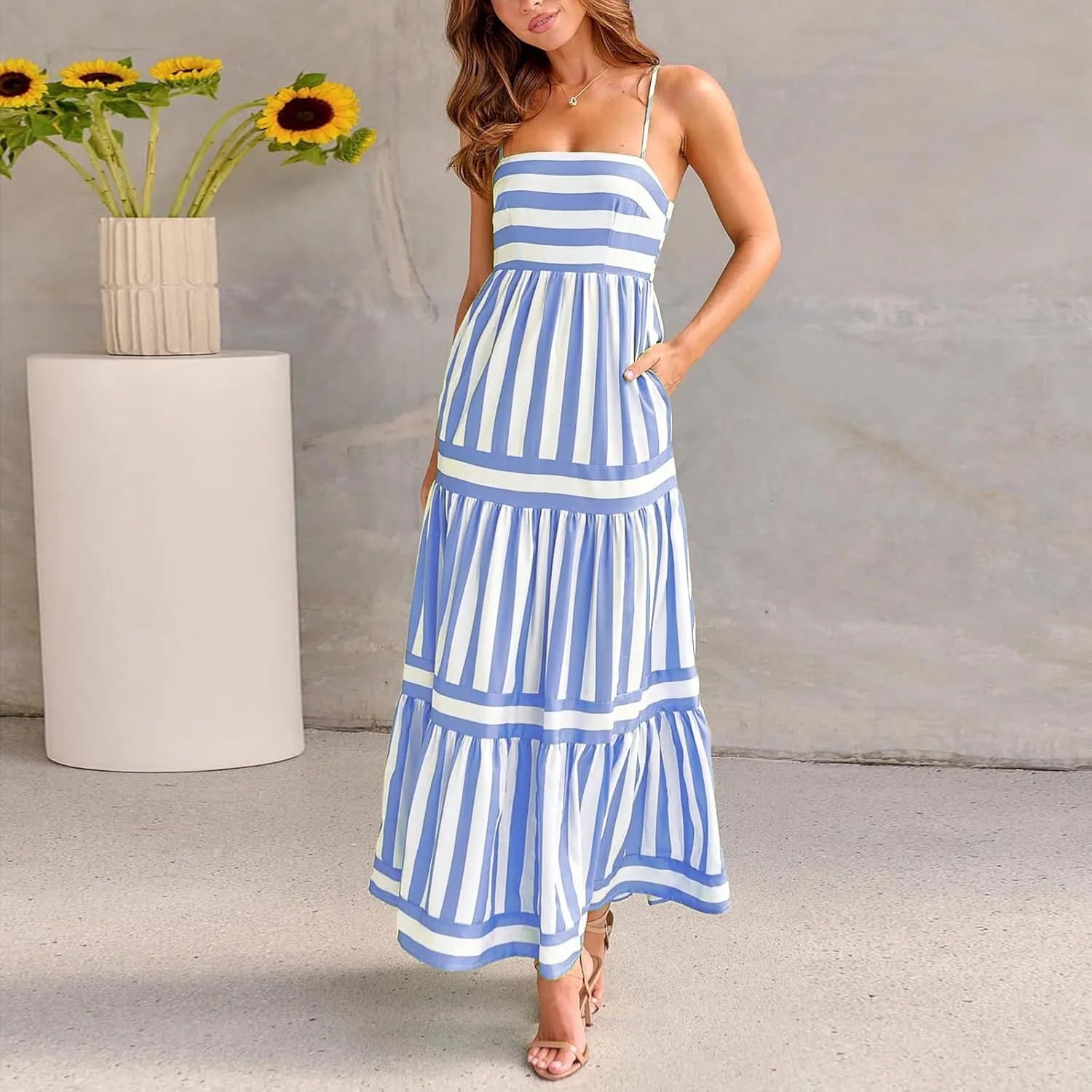 Women Spaghetti Strap Tiered Flowy Midi Dress Striped Sleeveless Square Neck Beach Vacation Long Sundress