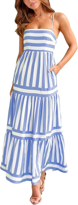 Women Spaghetti Strap Tiered Flowy Midi Dress Striped Sleeveless Square Neck Beach Vacation Long Sundress