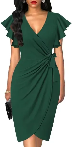 Womens 2025 Summer Deep V Neck Ruffle Sleeve Sheath Cocktail Party Work Faux Wrap Dress Fashion Outfits