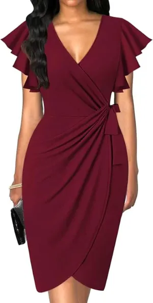 Womens 2025 Summer Deep V Neck Ruffle Sleeve Sheath Cocktail Party Work Faux Wrap Dress Fashion Outfits
