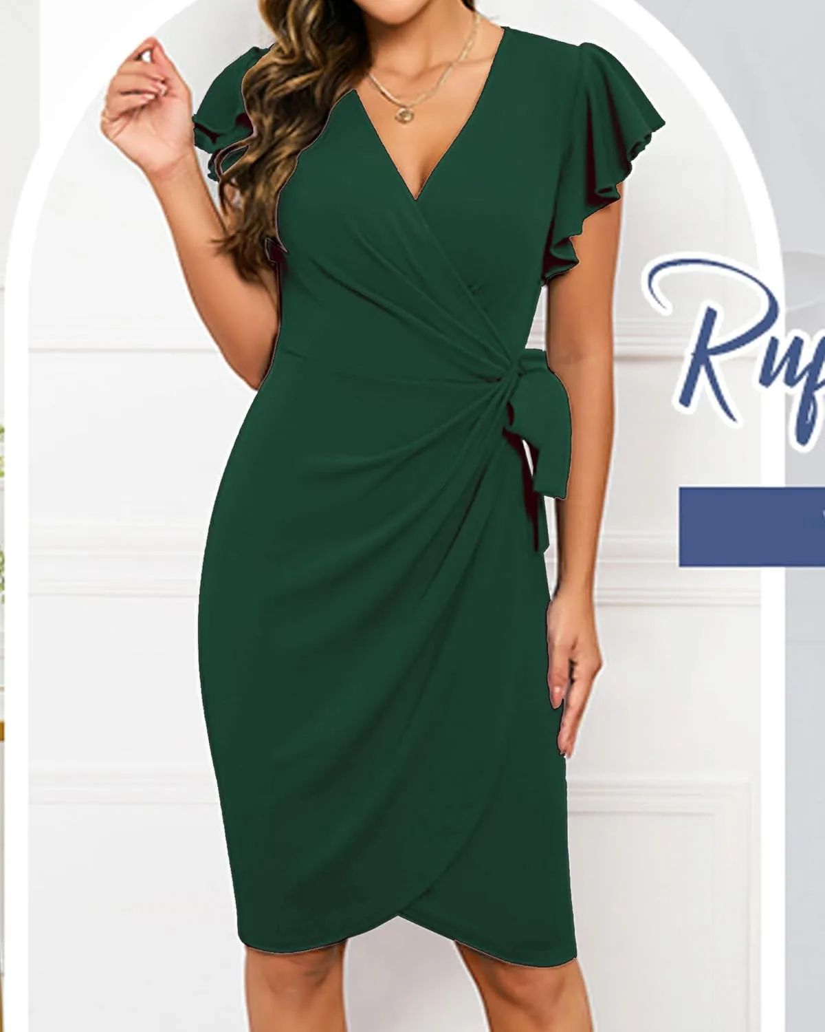 Womens 2025 Summer Deep V Neck Ruffle Sleeve Sheath Cocktail Party Work Faux Wrap Dress Fashion Outfits