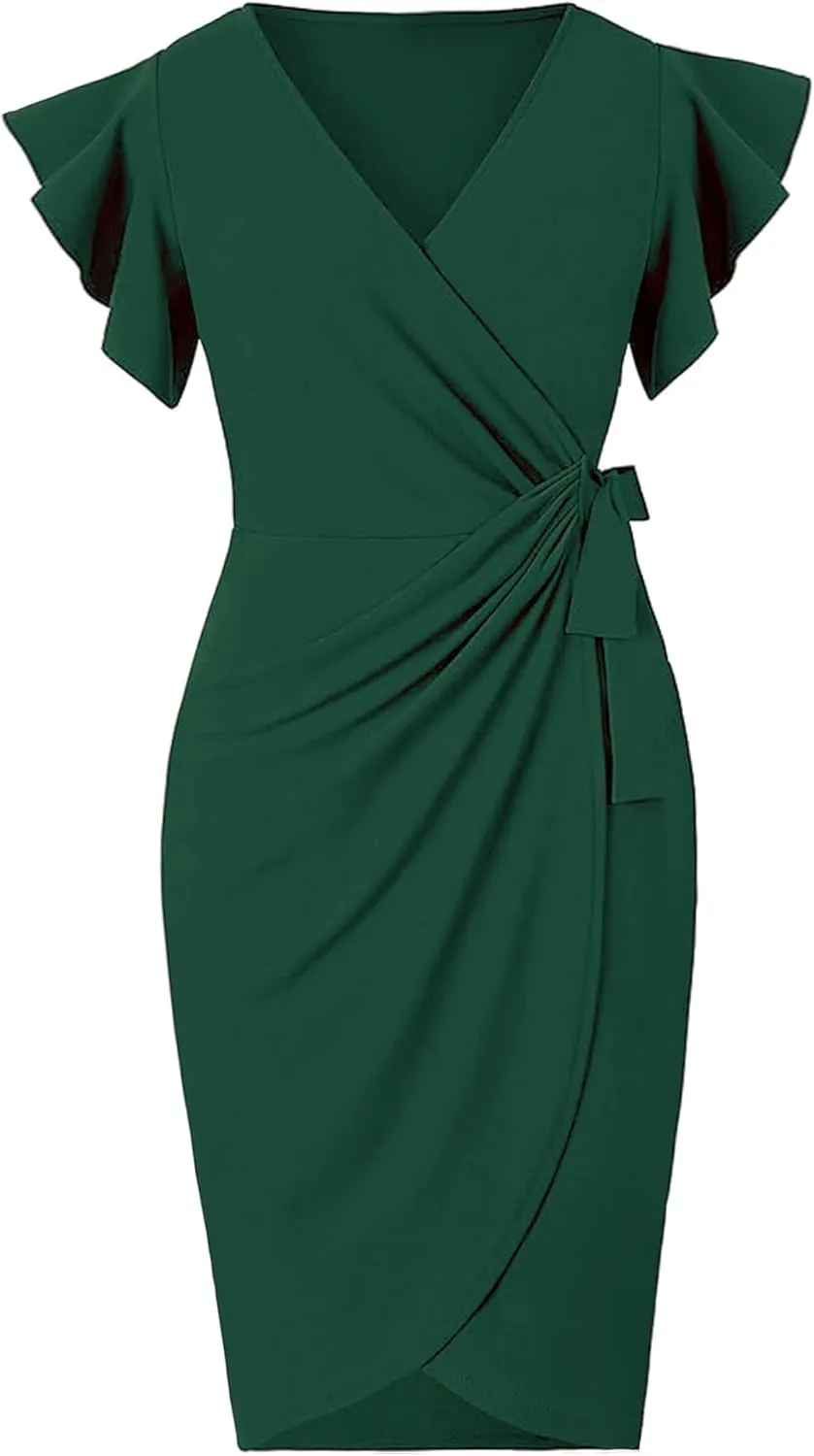 Womens 2025 Summer Deep V Neck Ruffle Sleeve Sheath Cocktail Party Work Faux Wrap Dress Fashion Outfits