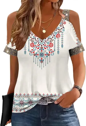 Womens Cold Shoulder Tops with Sequins V Neck Short Sleeve T Shirts Casual Loose Fit Basic Tee