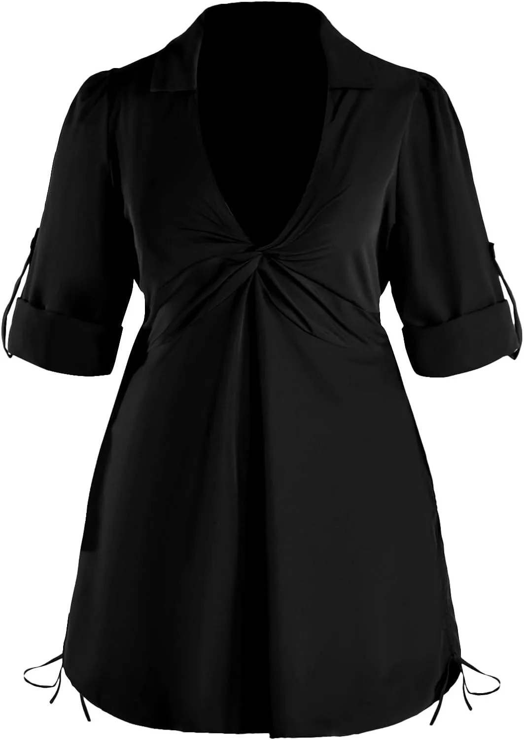 Women's Plus Size Twist Collar V Neck Dress Roll Up Sleeve Drawstring Ruched Mini Shirt Dresses