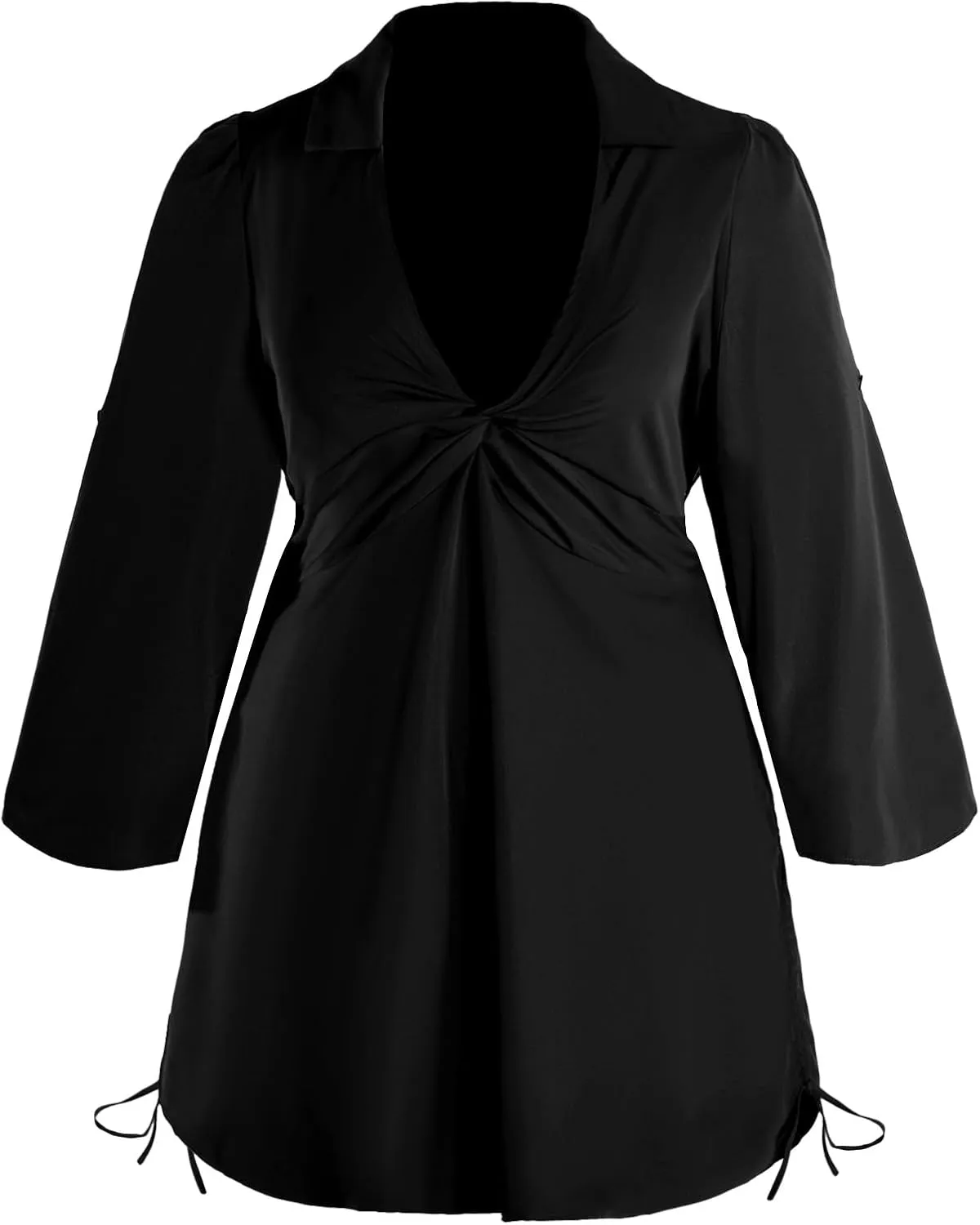 Women's Plus Size Twist Collar V Neck Dress Roll Up Sleeve Drawstring Ruched Mini Shirt Dresses