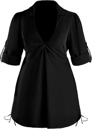 Women's Plus Size Twist Collar V Neck Dress Roll Up Sleeve Drawstring Ruched Mini Shirt Dresses