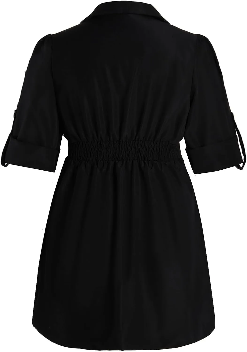 Women's Plus Size Twist Collar V Neck Dress Roll Up Sleeve Drawstring Ruched Mini Shirt Dresses