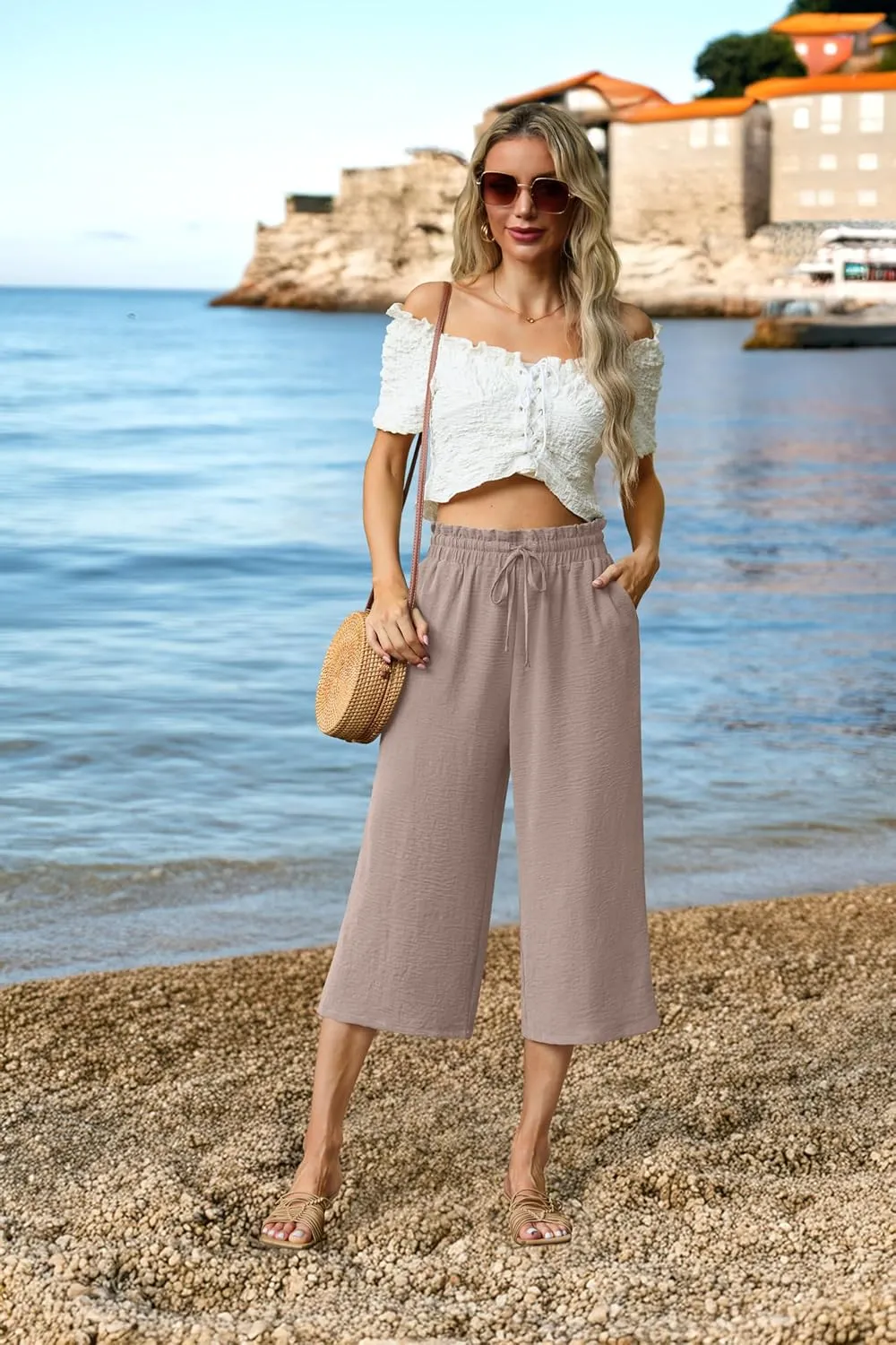 Womens Wide Leg High Waisted with Tie Belt Pockets Summer 2025 Vacation Pants