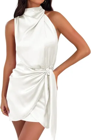 ZESICA Women's 2025 Fashion Satin Sleeveless Halter Neck Tie Waist Wrap Bodycon Cocktail Party Mini Dress